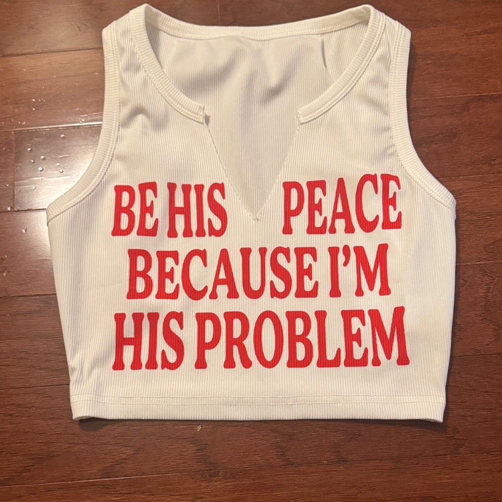 White Ribbed Crop Tank with Red Statement Print